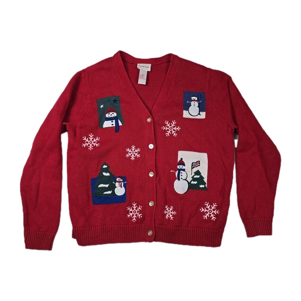 Crystal Kobe Ugly Christmas Sweater Women's XL Red Cardigan Snowman trees Casual